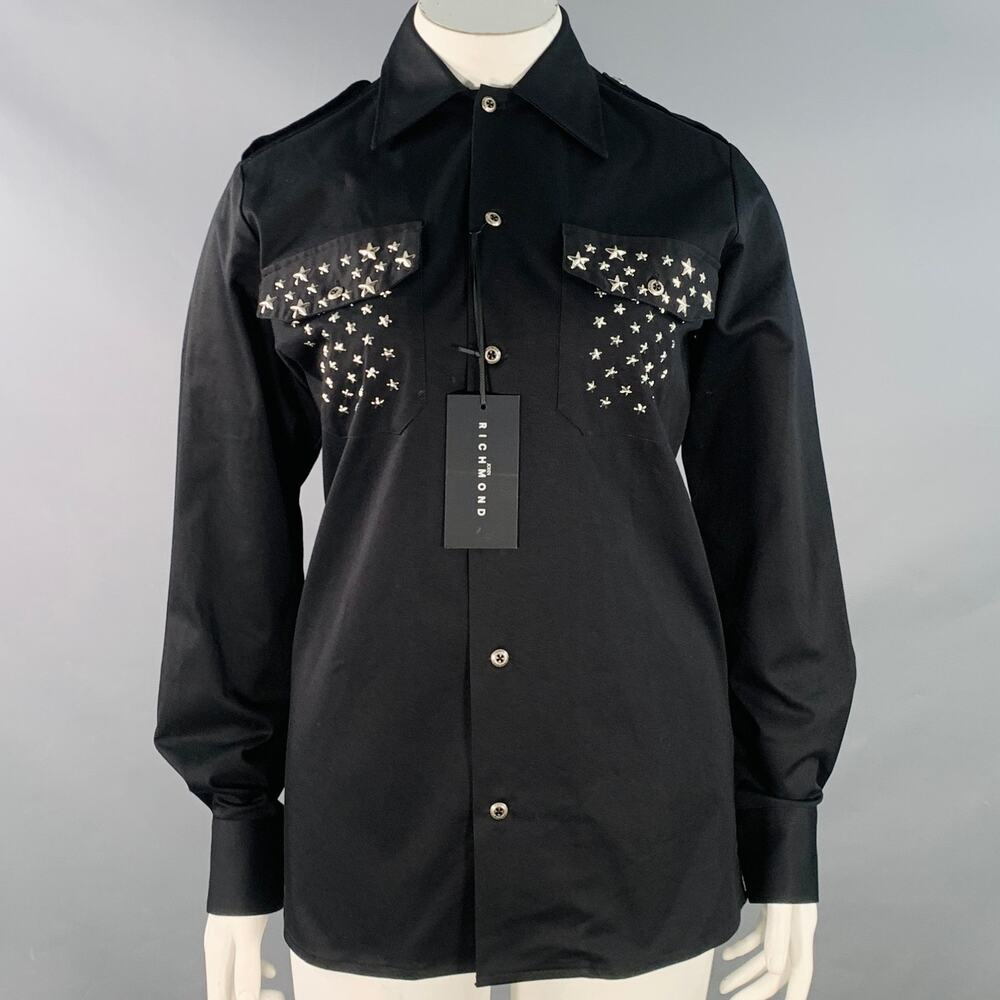 JOHN RICHMOND Size L Black Silver Cotton Blend Studded Stars Two Pockets Shirt